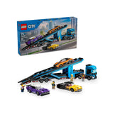 LEGO® City Car Transporter set displaying a blue truck with a detachable dual-level trailer, three sports cars, and minifigures, set against a city backdrop.